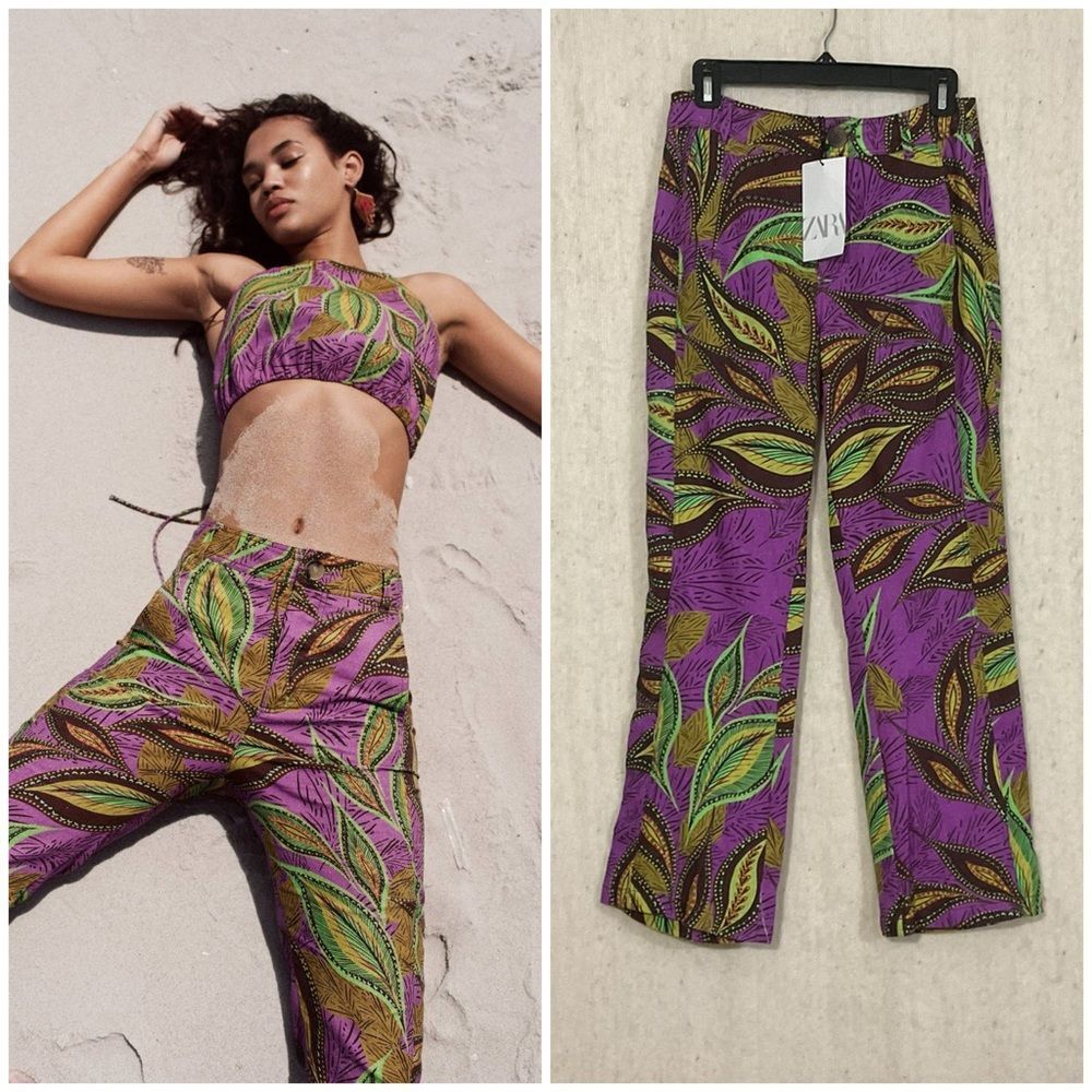 Zara Linen High Waisted Hi Rise Flare Patterned Pants Small